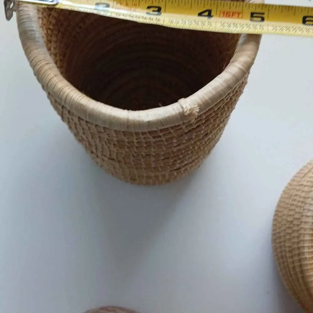 Set of 3 Woven Storage Baskets w/ Lids & Straw Pom Poms – Boho Natural Decor
